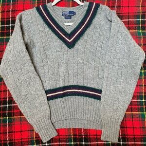Ralph Lauren 💯 Wool Gray V-Neck Sweater with Striped Trim